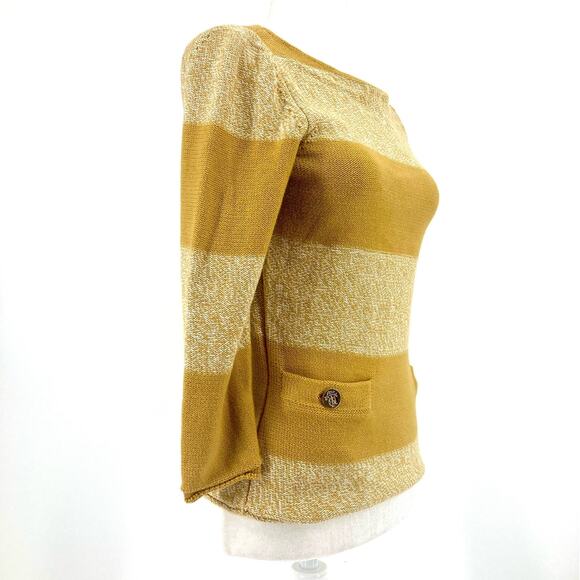 Tory Burch Women’s XS Gold Yellow Striped Cotton Pullover Sweater Pockets Button - Picture 4 of 9